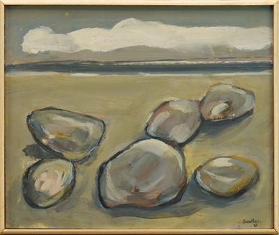 Lot 981 - *Robert Sadler (1909-2001) acrylic on board - Stones on the Shore, signed and dated ‘85, 26cm x 31cm, framed