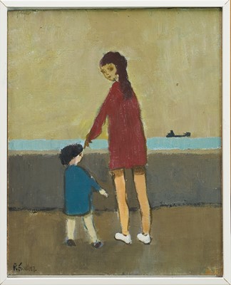 Lot 982 - *Robert Sadler (1909-2001) acrylic on board - Girl and Child I, signed, 1973 Studio exhibition label, 25cm x 20cm, framed