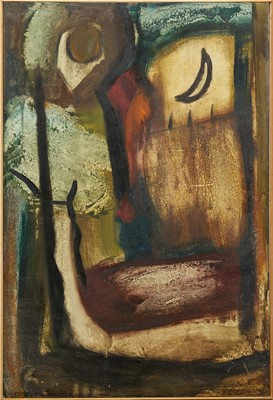 Lot 985 - *Robert Sadler (1909-2001) acrylic on board - Abstract, Sun and Moon, signed, 77cm x 52cm, framed