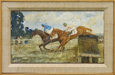 Lot 986 - *Robert Sadler (1909-2001) acrylic on board - Two Horses Jumping, signed and dated '91, 18cm x 31cm, framed