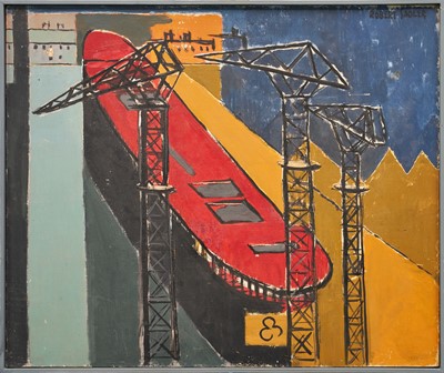 Lot 987 - *Robert Sadler (1909-2001) oil on board - Shipbuilding, signed, 1950s, 51cm x 61cm, framed