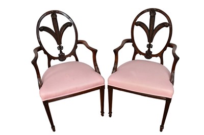 Lot 1205 - Pair of Hepplewhite style mahogany open elbow chairs with Prince of Wales backs