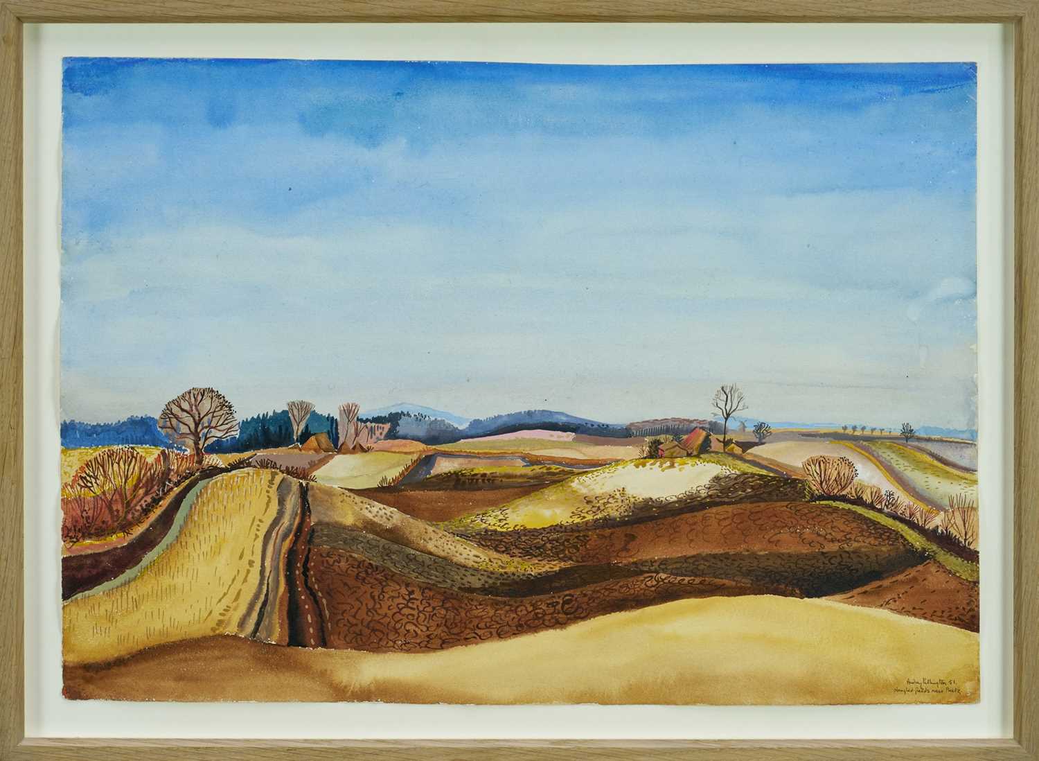 Lot 959 - Audrey Pilkington (1922-2015) watercolour on paper - 'Ploughed fields near Preetz', signed, titled and dated '51, 37.5 x 53.5cm, in glazed frame