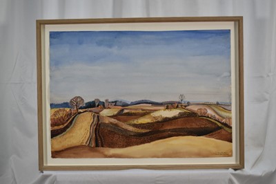 Lot 959 - Audrey Pilkington (1922-2015) watercolour on paper - 'Ploughed fields near Preetz', signed, titled and dated '51, 37.5 x 53.5cm, in glazed frame