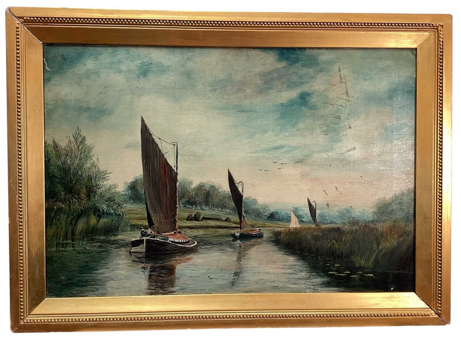 Lot 130 - Charles Frederick Rump (1853-1924) oil on canvas - Wherry boats sailing on the Norfolk Broads, signed and dated 1902, 40cm x 60cm, in gilt frame