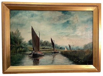 Lot 1126 - Charles Frederick Rump (1853-1924) oil on canvas - Wherry boats sailing on the Norfolk Broads, signed and dated 1902, 40cm x 60cm, in gilt frame