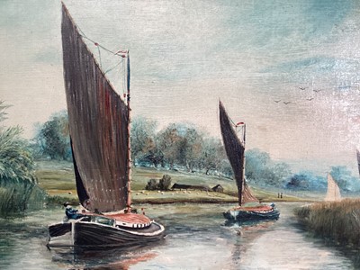 Lot 130 - Charles Frederick Rump (1853-1924) oil on canvas - Wherry boats sailing on the Norfolk Broads, signed and dated 1902, 40cm x 60cm, in gilt frame