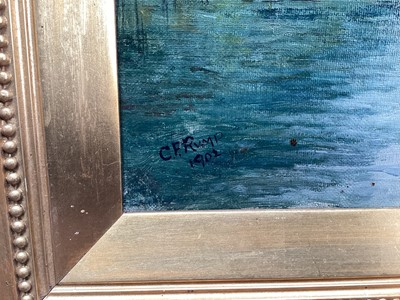 Lot 130 - Charles Frederick Rump (1853-1924) oil on canvas - Wherry boats sailing on the Norfolk Broads, signed and dated 1902, 40cm x 60cm, in gilt frame