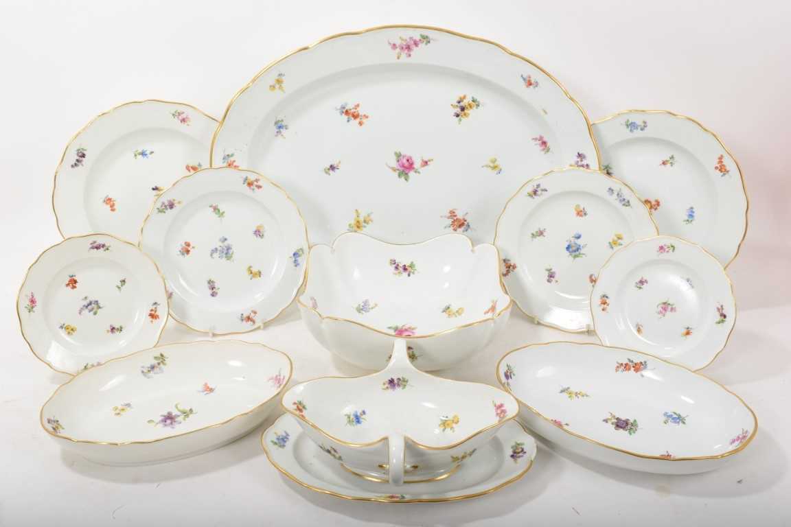 Lot 168 - 20th century Meissen dinner service decorated with floral sprays, blue printed crossed marks