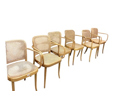 Lot 1376 - Set of six vintage bentwood elbow chairs with cane seats