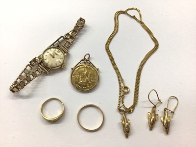 Lot 1001 - Longines 9ct gold ladies wristwatch on 9ct gold bracelet, 9ct gold Isle of Man pendant on chain, 9ct gold dolphin pendant and matching earrings and two 18ct gold rings