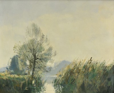 Lot 1048 - *Stanley Orchart (1920-2005) oil on board - 'Wicken Fen, Cambs, 1973', artists labels verso, 49cm x 60cm, framed