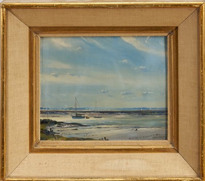 Lot 1047 - *Wilfred Stanley Pettitt (1904-1978) oil on board - The Blackwater from Bradwell Quay, signed, 23cm x 28cm, in gilt frame