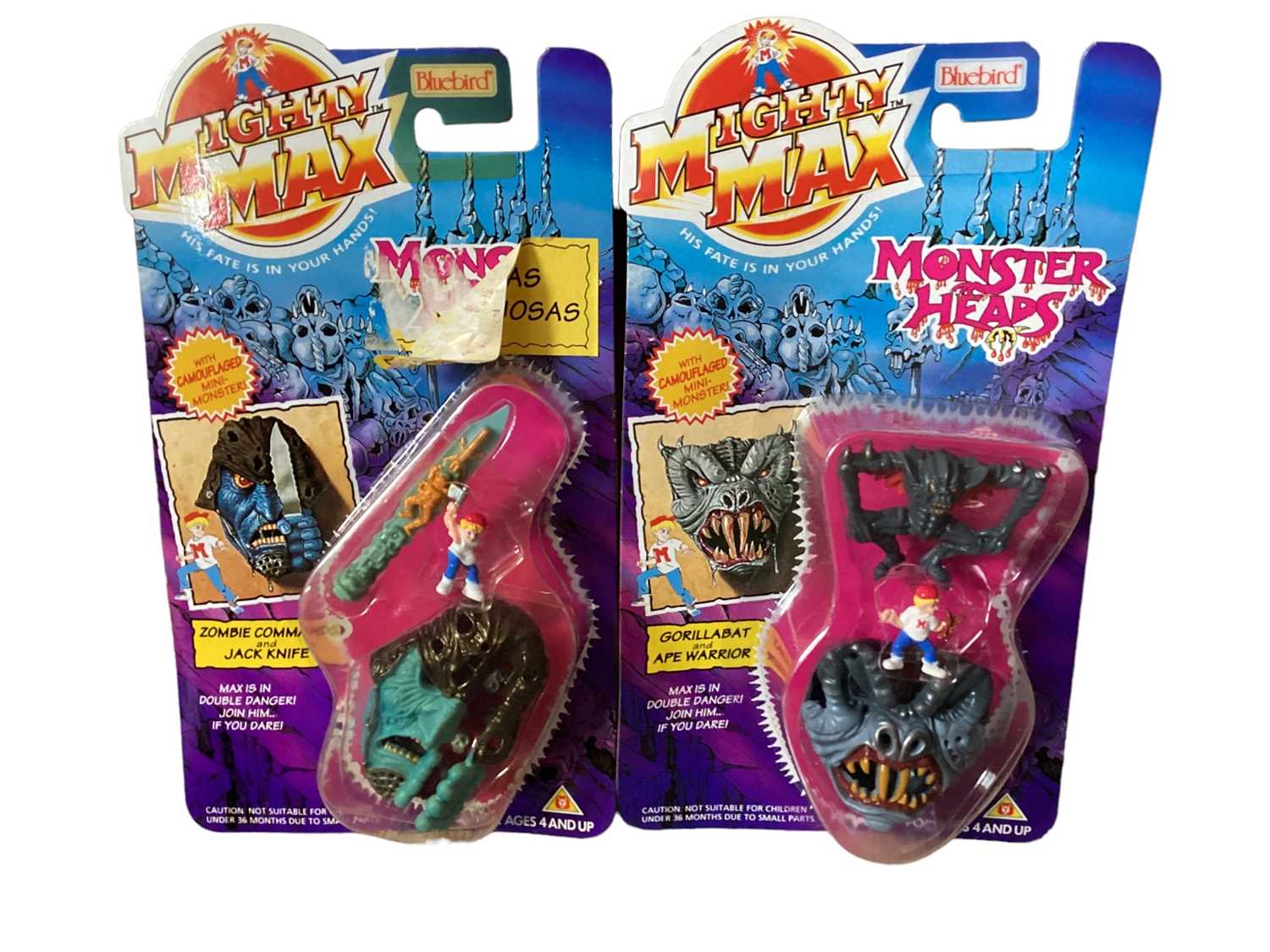 Lot 17 - Bluebird (c1994) Mighty Max Monster Heads complete set of six, plus one other Imperial Dragon, on card with bubblepack, plus Mega Heads Assaults Skullmaster, boxed No.950741 (8)