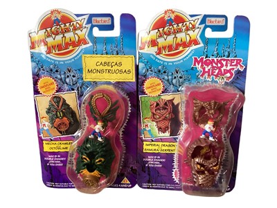 Lot 17 - Bluebird (c1994) Mighty Max Monster Heads complete set of six, plus one other Imperial Dragon, on card with bubblepack, plus Mega Heads Assaults Skullmaster, boxed No.950741 (8)