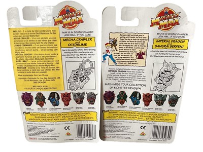 Lot 17 - Bluebird (c1994) Mighty Max Monster Heads complete set of six, plus one other Imperial Dragon, on card with bubblepack, plus Mega Heads Assaults Skullmaster, boxed No.950741 (8)