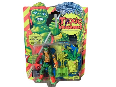 Lot Playmates Toxic Crusaders (c1990) Toxie No.2001, Headbanger No.2002 & Major Disaster No.2033, on card with bubblepack, plus Card Game boxed No.3655 (4)