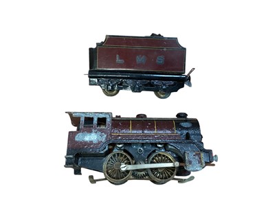 Lot 1771 - Trix railway locomotive & tender, tin plate carriages and wagon, plus other accessories (2 boxes)