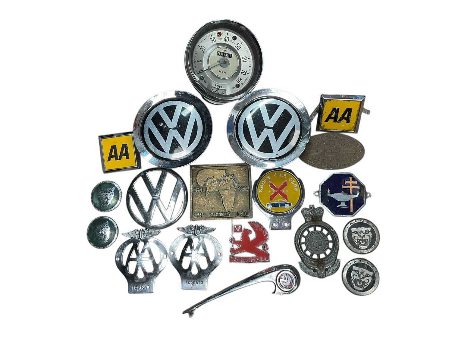 Lot 44 - Collection of vintage car badges including AA and Redex Car Club, together with a Morris Minor speedo, Morris badge, VW badges and others (qty).