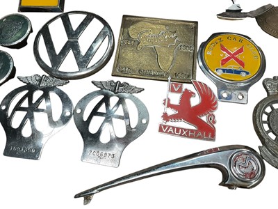 Lot 44 - Collection of vintage car badges including AA and Redex Car Club, together with a Morris Minor speedo, Morris badge, VW badges and others (qty).