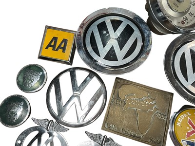 Lot 44 - Collection of vintage car badges including AA and Redex Car Club, together with a Morris Minor speedo, Morris badge, VW badges and others (qty).