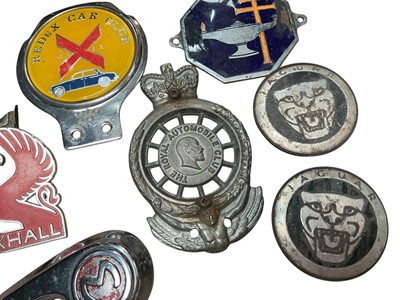 Lot 44 - Collection of vintage car badges including AA and Redex Car Club, together with a Morris Minor speedo, Morris badge, VW badges and others (qty).