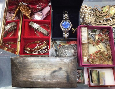 Lot 1022 - Group of costume jewellery including some silver jewellery, silver cigarette box, wristwatches and bijouterie