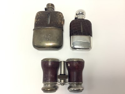 Lot 342 - Victorian silver hip flask with glass body (mostly smashed) another hip flask with plated mounts and a pair of plated Jockey Club binoculars