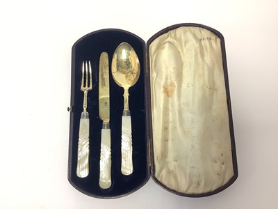 Lot 350 - George IV silver gilt christening set, with carved mother of pearl handles, in associated case