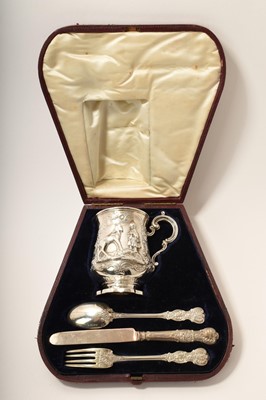 Lot 351 - Victorian silver christening mug and three piece cutlery set in fitted case