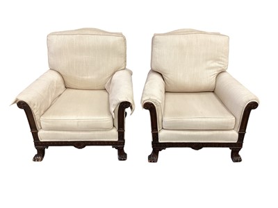 Lot 1281 - Pair of early 20th century mahogany and cream upholstered armchairs