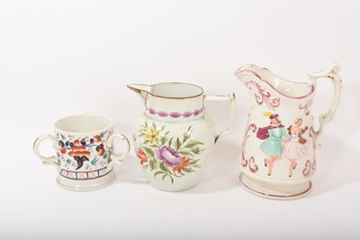 Lot 160 - Pearlware inscribed jug, circa 1800-10, a pottery relief moulded jug and a mug