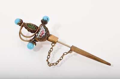 Lot 565 - Late 19th century Italian micro mosaic and gilt metal jabot pin/brooch in the form of a sword