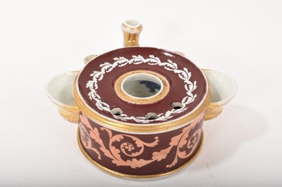 Lot 158 - Coalport drum shaped inkwell, probably painted in the Baxter workshops, circa 1805-10