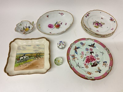 Lot 28 - Continental porcelain round box and cover, a Dresden leaf shaped creamboat, various plates etc