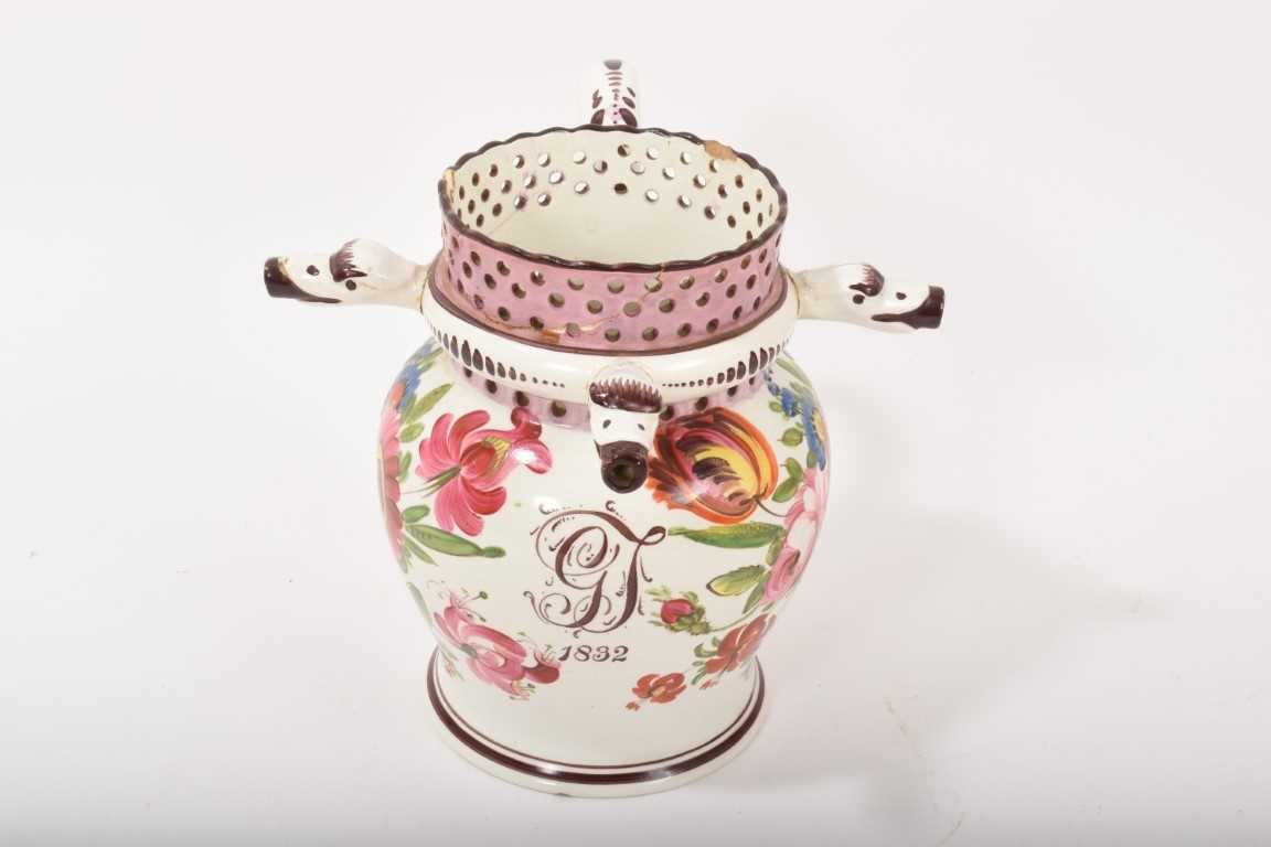 Lot 380 - Pearlware puzzle jug, probably Bristol, dated 1832