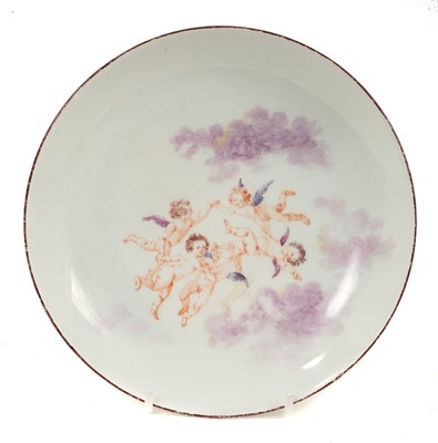 Lot 88 - Rare Chelsea saucer dish, painted with four putti amidst clouds, circa 1755