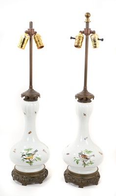 Lot 115 - Pair of Meissen bird painted table lamps