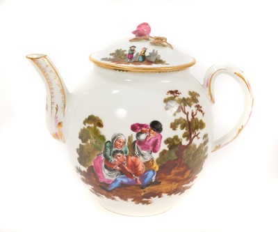 Lot 118 - Continental porcelain teapot and cover, painted in Teniers style, Zurich mark in underglaze blue