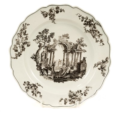 Lot 120 - Worcester plate, printed in black by Robert Hancock with Ruins with Marcus Aurelius Statue, circa 1772-75