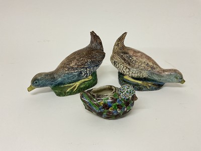 Lot 18 - Pair of Continental pottery models of birds, and a small Turkish pottery model of a bird