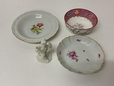 Lot 114 - Hochst dish, a Nymphenberg dish, a Minton bowl and a figure