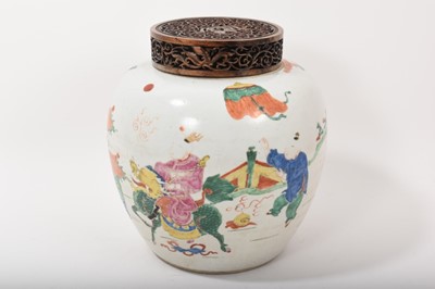 Lot 141 - 19th century Chinese famille verte jar and carved wood cover