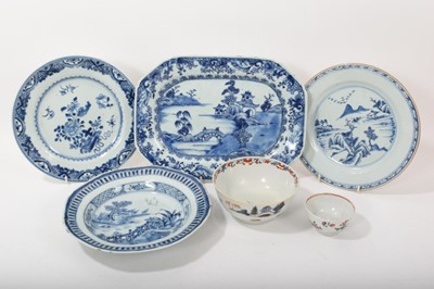 Lot 153 - 18th century Chinese blue and white meat dish, three 18th century Chinese blue and white plates, a small Chinese Imari bowl and a famille rose tea bowl