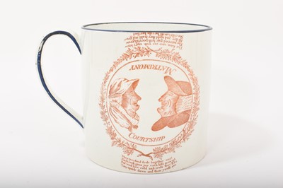 Lot 131 - Wedgwood large cylindrical mug, printed with a comical print ‘Matrimony’, the reverse with a three masted ship, circa 1800-10, impressed mark