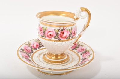 Lot 164 - Paris porcelain cabinet cup, painted with pink roses, circa 1820, Provenance; Roland Hembrow Collection