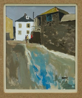 Lot 938 - *Donald McIntyre (1923-2009) oil on board - 'Port Isaac No. 1', initialled, inscribed and titled verso, 28cm x 23cm, in glazed frame