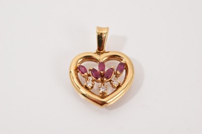 Lot 46 - Ruby and diamond heart shape pendant with five marquise cut rubies and three brilliant cut diamonds in 18ct gold setting