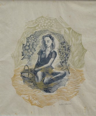 Lot 940 - John O'Conner (1913-2004) colour etching - seated girl with basket in countryside