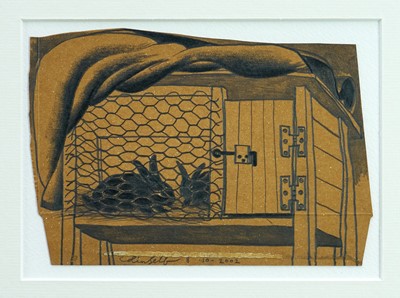 Lot 939 - *Colin Self (b.1941) pencil drawing - 'Two Rabbits in a Hutch' signed and dated 8.10.2002, 14cm x 19cm, in glazed frame